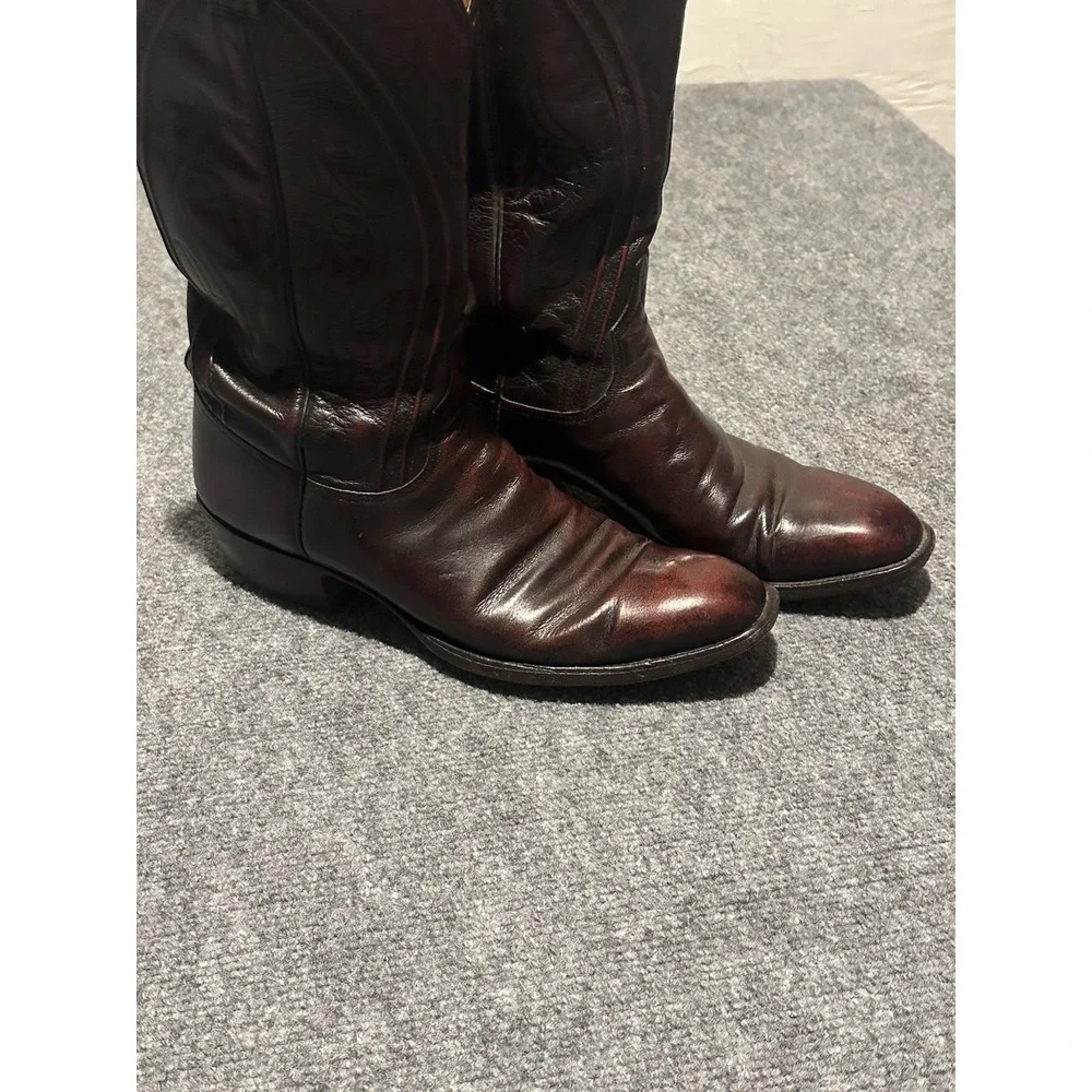 VTG Lucchese Mens 9D Black Cherry Boots French Toe Goat Skin Leather 80s